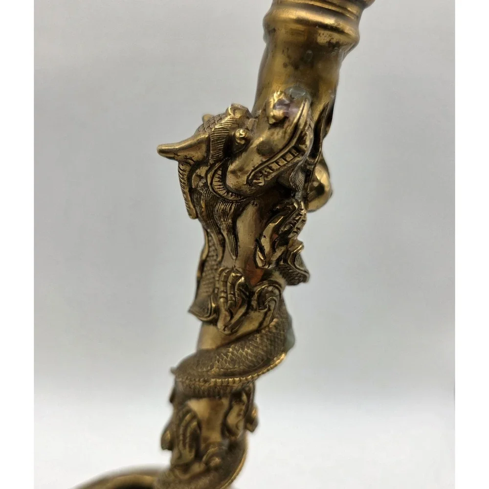 Vintage Brass Dragon Candlestick Holder Ornate Filigree Base 10 Inch Chinoiserie